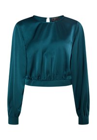 Teal satijnen cropped blouse met lange mouwen, ronde hals en een kleine opening met knoopsluiting aan de achterkant. Bevat een geplooide onderrand en manchet voor een aangesloten look.