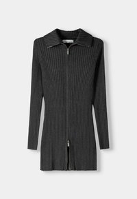 Gray ribbed cardigan with a zip closure, featuring a wide collar and long sleeves. Textured fabric with an open front and scalloped hem.