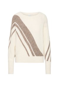 Maglione color crema con strisce marroni diagonali. Tessuto morbido con vestibilità rilassata e scollatura ampia. Maniche lunghe con polsini a costine.