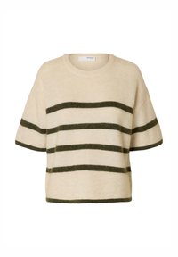 Beige kortærmet sweater med mørkegrønne vandrette striber. Rund hals, afslappet pasform, blød tekstur og ribbet kant.