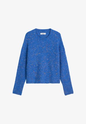 Niebieski dziergany sweter z okrągłym dekoltem i długimi rękawami. Z kolorowymi plamkami na całej powierzchni, dodającymi tekstury. Krótki fason.
