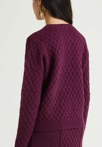 Pull en tricot violet présentant un motif texturé, un col rond et un ourlet côtelé. Vue de dos montrant les détails des manches et la coupe.