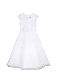 Weißes Kleid mit kurzen Spitzen-Übergangärmeln und einem mit Blumen bestickten Oberteil. Ausgestellter Rock mit glatter Oberfläche und einem Saum mit wellenförmigem Rand.