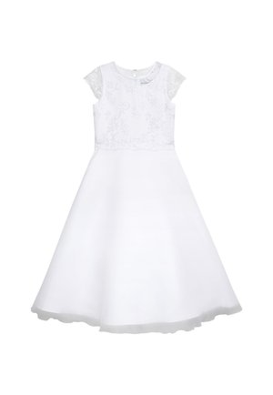 Weißes Kleid mit kurzen Spitzen-Übergangärmeln und einem mit Blumen bestickten Oberteil. Ausgestellter Rock mit glatter Oberfläche und einem Saum mit wellenförmigem Rand.