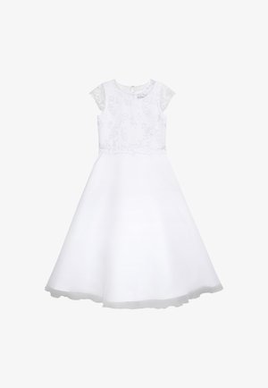 Weißes Kleid mit kurzen Spitzen-Übergangärmeln und einem mit Blumen bestickten Oberteil. Ausgestellter Rock mit glatter Oberfläche und einem Saum mit wellenförmigem Rand.