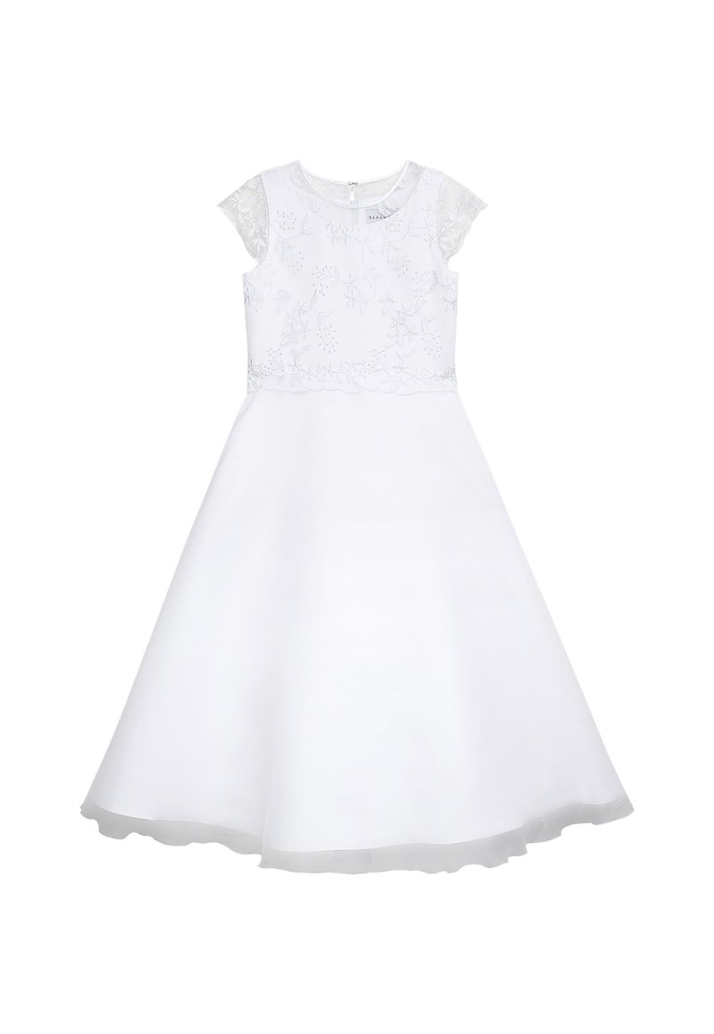 Weißes Kleid mit kurzen Spitzen-Übergangärmeln und einem mit Blumen bestickten Oberteil. Ausgestellter Rock mit glatter Oberfläche und einem Saum mit wellenförmigem Rand.