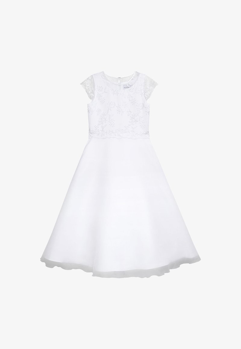 Weißes Kleid mit kurzen Spitzen-Übergangärmeln und einem mit Blumen bestickten Oberteil. Ausgestellter Rock mit glatter Oberfläche und einem Saum mit wellenförmigem Rand.