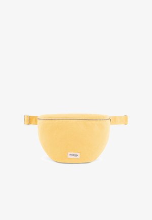 Sac banane en daim jaune avec fermeture éclair et sangle ajustable, portant l'inscription "rivedroite Paris" à l'avant.
