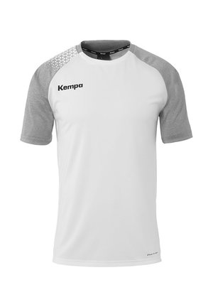Witte sport t-shirt met korte mouwen en grijze raglanmouwen, met textuuraccenten en het "Kempa"-logo op de voorkant. Gemaakt van ademend materiaal.