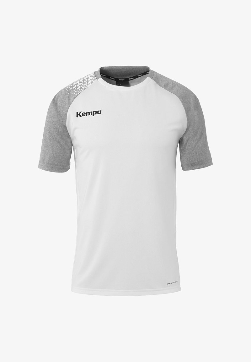 Witte sport t-shirt met korte mouwen en grijze raglanmouwen, met textuuraccenten en het "Kempa"-logo op de voorkant. Gemaakt van ademend materiaal.