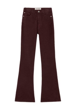 Jeans svasati color borgogna realizzati in tessuto misto cotone, con cinque tasche, minuteria metallica e una consistenza liscia. Design classico con zip frontale.