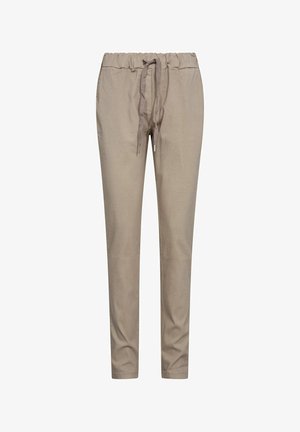 Vaaleanbeiget housut, joissa on joustava vyötärönauha ja säädettävä kiristysnyöri. Kapea malli, sileä ja kevyt kangas ilman näkyviä kuvioita.