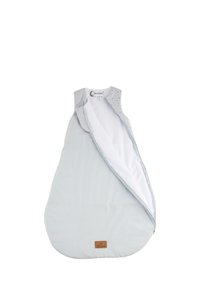 Helle blaue Schlafsack mit glatter Textur, ausgestattet mit einem Reißverschluss über die gesamte Länge, rundem Ausschnitt und einem gemusterten Innenfutter. Lederlabel am Boden.