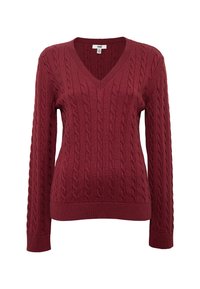 Roter Kabelstrickpullover mit V-Ausschnitt, langen Ärmeln und gerippten Bündchen und Saum. Aus weichem Strickmaterial mittexturiertem Muster gefertigt.