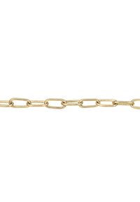 Guld metal kæde med aflangt ovalt led, glat tekstur og ensartet form, egnet til smykker eller accessories.