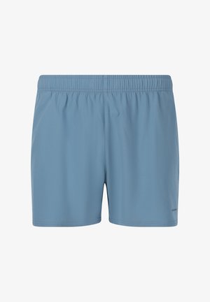Ljust blå badshorts gjorda av ett mjukt, lätt tyg med resårmidja och utan synliga fickor eller mönster.