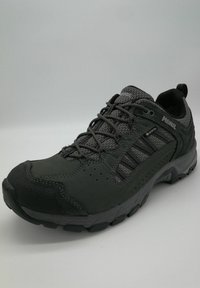Schwarzer Outdoorschuh mit einer strukturierten Oberseite aus Mesh- und Wildledermaterial, verstärkter Zehenkappe und einer robusten Gummisohle.