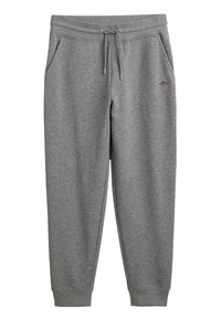 Grå sweatpants lavet af blødt stof, med side lommer, snor i taljen og ribbede manchetter ved anklen.