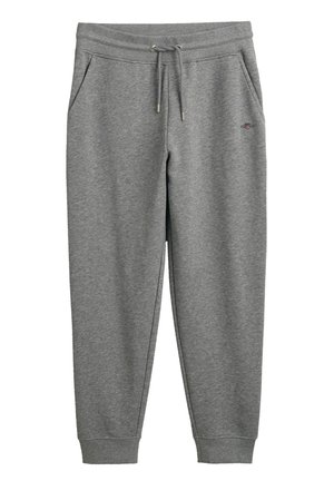 Grijze sweatpants van zachte stof, met zijzakken, een trekkoord in de taille en geribde manchetten bij de enkels.