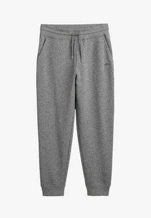 Grijze sweatpants van zachte stof, met zijzakken, een trekkoord in de taille en geribde manchetten bij de enkels.