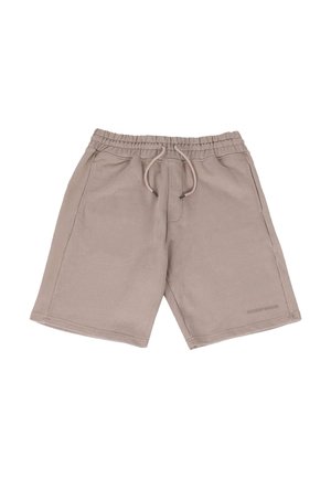 Lyse beige shorts laget av mykt stoff, med elastisk midjebånd med snor, to sidelommer og en subtil logoakcent.