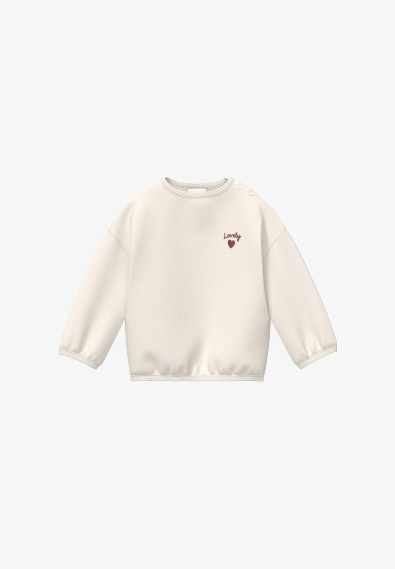 Cream-colored long-sleeve baby sweatshirt with "Lovely" text and heart in red on chest, featuring two shoulder snap buttons.
