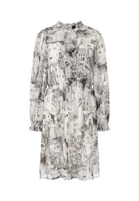 Ein durchsichtiges weißes Kleid mit einem schwarzen Skizzenmuster von Gebäuden, einem Rüschenausschnitt und langen Ärmeln mit elastischen Manschetten.