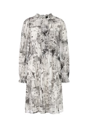 Sheer white dress featuring a black sketch pattern of buildings, a ruffled neckline, and long sleeves with elastic cuffs.