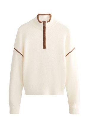Maglione color crema realizzato in tessuto morbido, con collo a mezza zip, dettagli marroni a contrasto e polsini e orlo a coste.