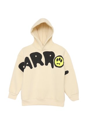 Felpa beige con una grande grafica nera in corsivo "PARRO" e un accento di faccina sorridente gialla. Presenta una tasca frontale e un cappuccio con cordoncino.