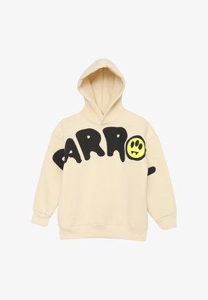Felpa beige con una grande grafica nera in corsivo "PARRO" e un accento di faccina sorridente gialla. Presenta una tasca frontale e un cappuccio con cordoncino.