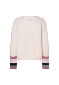 Rosa und cremefarbener gestrickter Pullover mit lockerer Passform. Mit gestreiften Ärmeln in Dunkelviolett, Hellrosa und Creme. Der Rücken enthält ein kleines Logo.