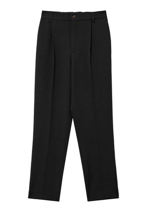 Pantalon noir à coupe droite, fabriqué en tissu lisse. Il présente une fermeture à bouton à l'avant et des plis doubles pour plus de détails.