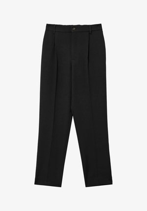 Pantalon noir à coupe droite, fabriqué en tissu lisse. Il présente une fermeture à bouton à l'avant et des plis doubles pour plus de détails.