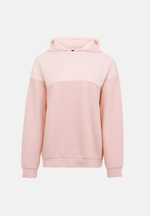 Svijetloruža hudica s kapuljačom i dugim rukavima, teksturiranog donjeg dijela, glatkog gornjeg dijela te rebrastim manšetama i rubom.