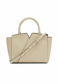 Beigen värinen nahkainen käsilaukku, jossa on yläkahvat ja säädettävä olkahihna, ja jonka yläkeskiosassa on kulmikas leikkausdetaili.