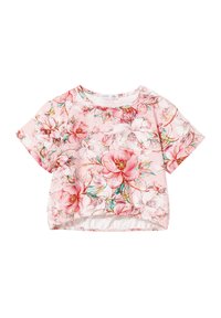 Różowa, kwiatowa, krótkoterminowa koszulka z krótkim rękawem. Posiada duże wzory kwiatowe z zielonymi akcentami, wykonana jest z miękkiego materiału o luźnym kroju.