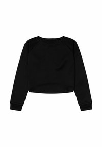 Cropped black sweatshirt with long raglan sleeves, smooth texture, round neckline, and ribbed cuffs. Simple design with no patterns or accents.
