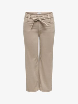 Bēša krāsas plata stilā bikses ar priekšējām kabatām, pogu aizdari un pie jostas sasienamu auduma jostu.