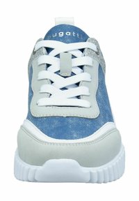 Light blue and gray sneaker with a textured upper, white laces, and a silver accent. Features a cushioned sole and smooth finish.