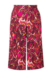 Kleurige culottes met een elastische tailleband, voorzien van een bloemenpatroon in tinten roze, oranje en zwart. Zachte, lichte stof.
