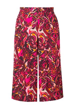 Bunte Culottes mit einem elastischen Bund, die ein florales Muster in Schattierungen von Pink, Orange und Schwarz aufweisen. Weicher, leichter Stoff.