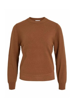 Brun stickad tröja med långa ärmar, rundad halsringning och ribbad nederkant. Mjuk textur, enkelt mönster och jämn sömnad genom hela plagget.