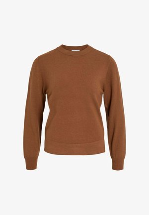 Brun stickad tröja med långa ärmar, rundad halsringning och ribbad nederkant. Mjuk textur, enkelt mönster och jämn sömnad genom hela plagget.