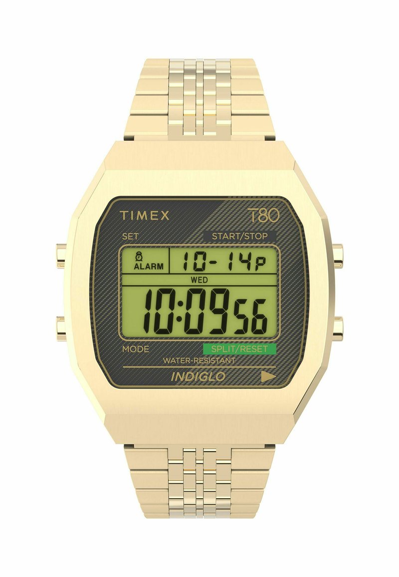 Digital Timex T80 ur med armbånd i guldfarvet rustfrit stål, oktagonal bezel, sort urskive og grøn baggrundsbelyst skærmfunktion.