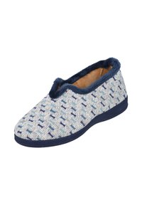 Pantufla suave con un patrón de tejido en azul y azul claro, forro de felpa azul marino y suela azul oscura, diseñada para la comodidad en interiores.