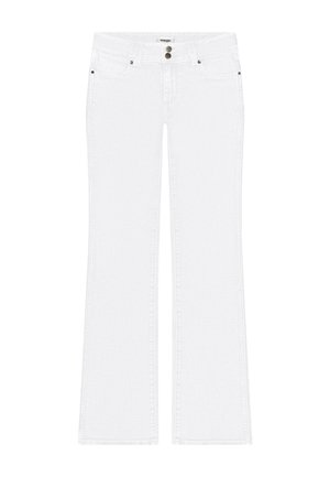 Λευκά τζιν από ντένιμ με μέση μέτριου ύψους, διπλό κουμπί κλεισίματος, πέντε τσέπες και ελαφρώς φαρδύ καμπάνα στα μπατζάκια.