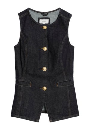 Denim vest in dark blue with a round neckline, front button closure, and two side pockets. Features golden buttons and visible stitching accents.