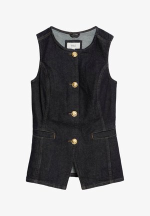 Jeansvest in donkerblauw met een ronde halslijn, voorste knoopsluiting en twee zijzakken. Voorzien van gouden knopen en zichtbare stikselaccenten.