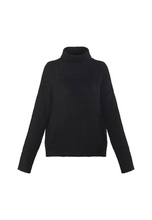 Sort rullekrave-sweater lavet af blødt, tekstureret stof. Har lange ærmer samt ribstrikkede manchetter, kant og krave. Design med afslappet pasform.